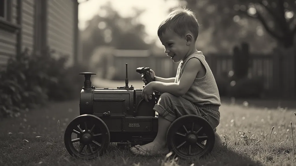 Boy playing with a cast iron fire engine
