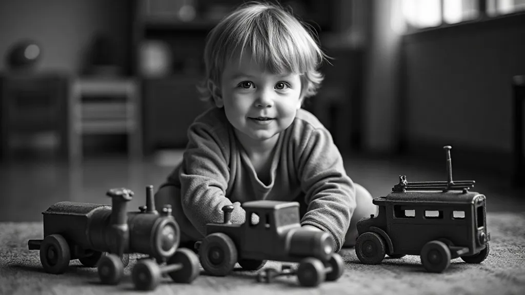 Boy playing with cast iron toys in the 1950s
