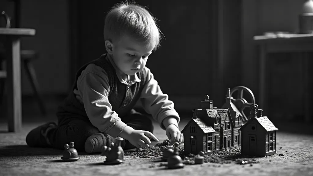 Vintage photo of a boy playing with cast iron toys.