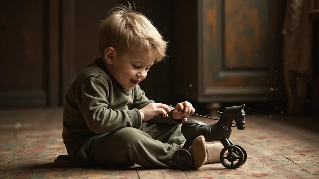 Young boy playing with cast iron toys