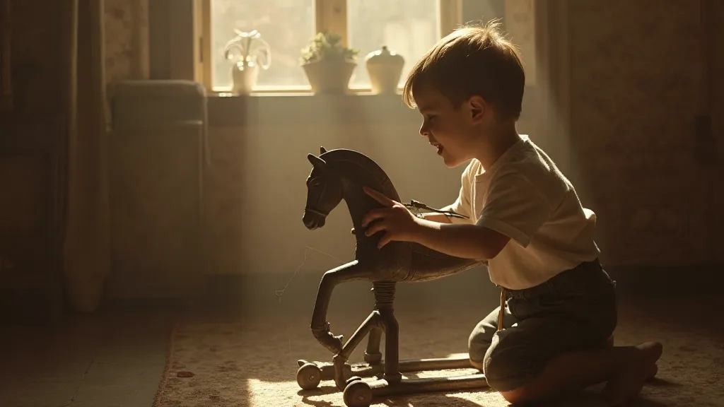 Boy playing with a cast iron toy horse