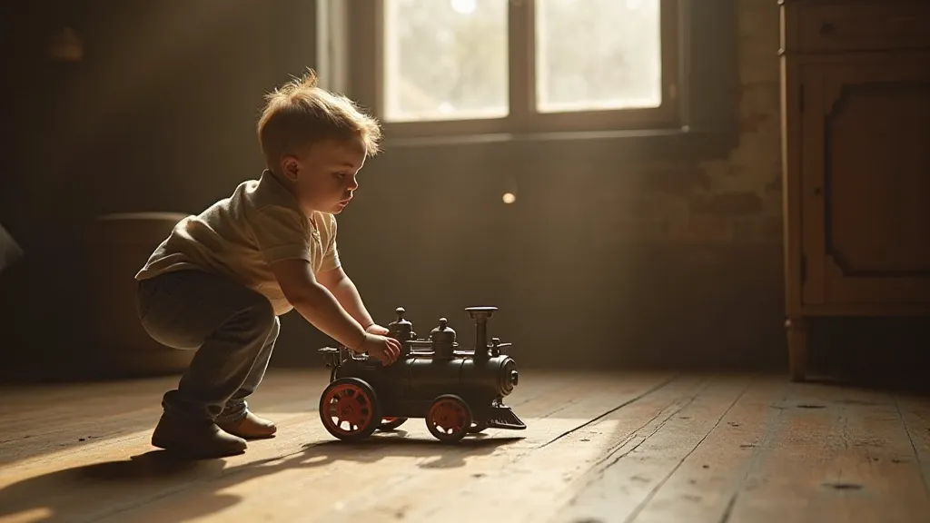 Boy playing with a cast iron steam engine toy