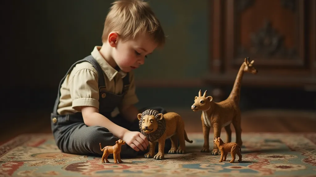 Boy playing with cast iron toys