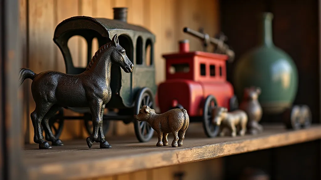 Display of antique cast iron toys