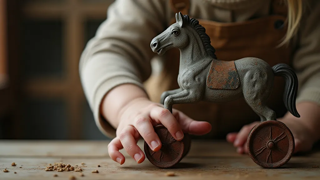 A child's hand touching an antique cast iron horse