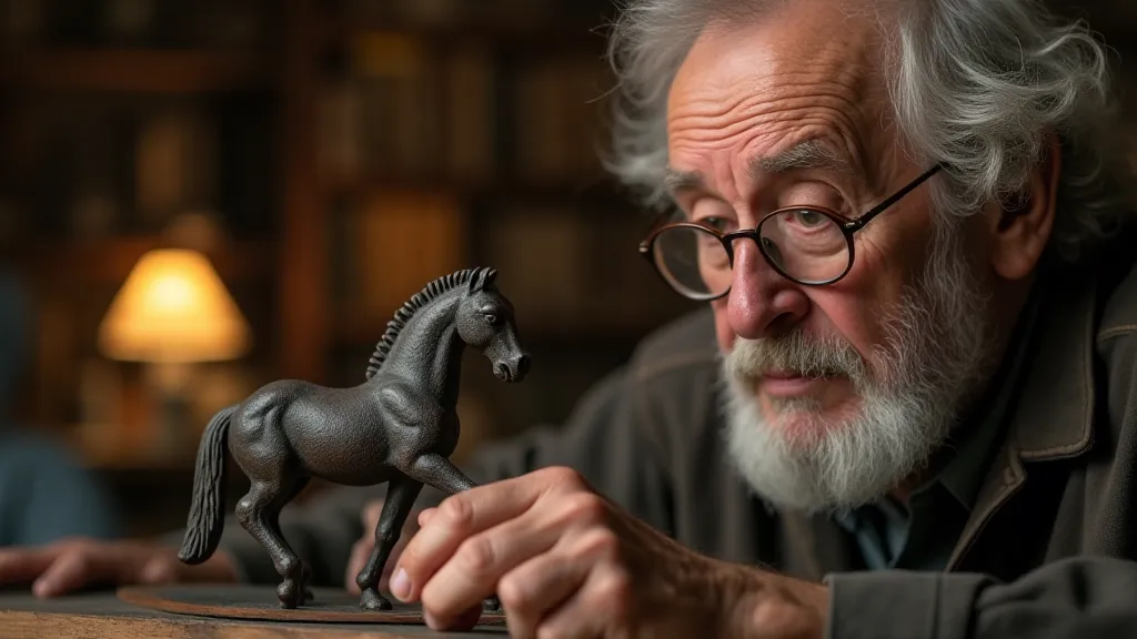 Collector examining a broken cast iron toy horse