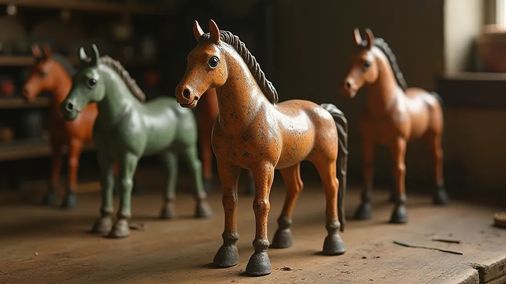 Antique cast iron toy horses in a stable