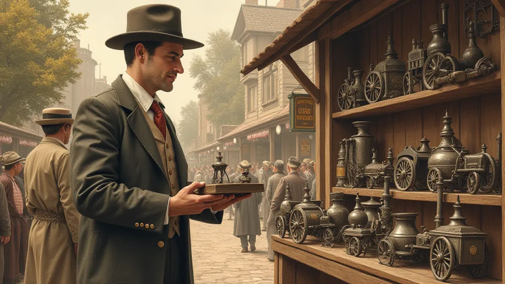 Traveling salesman demonstrating cast iron toys to a shopkeeper.