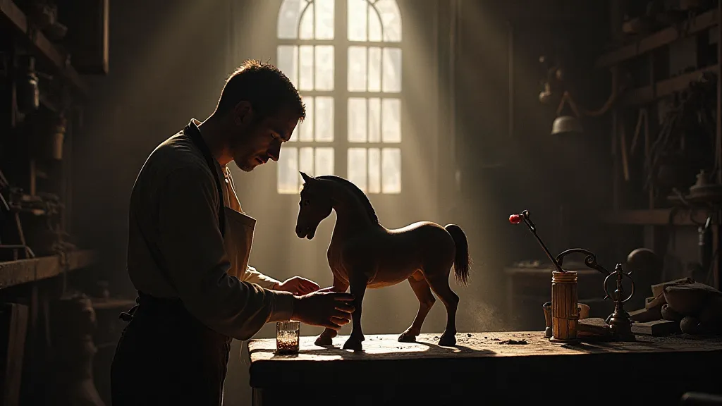 Patternmaker carving a wooden toy horse