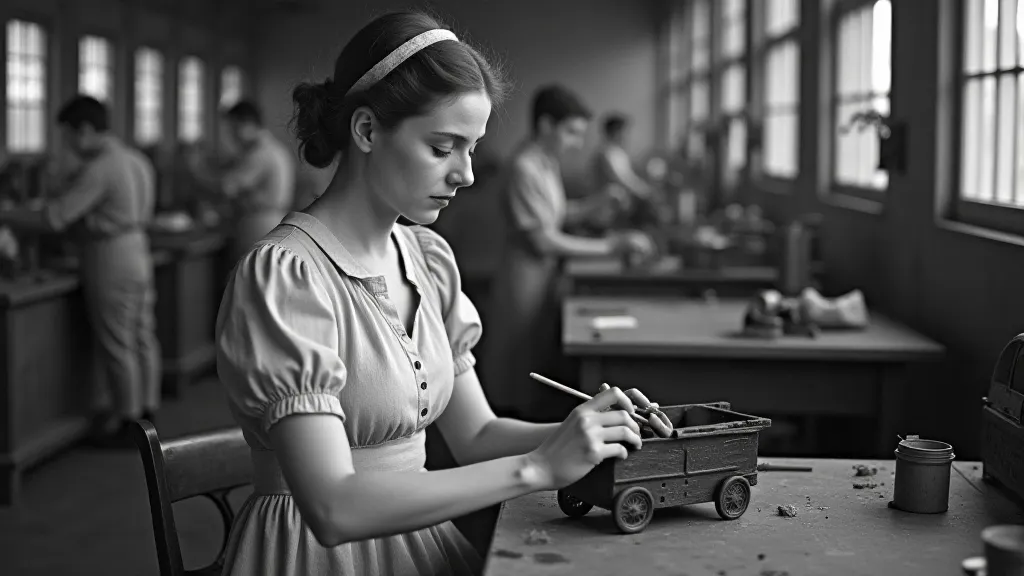Young woman painting a cast iron toy